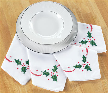 Craftways Elegant Candy Cane Napkins Stamped Cross-Stitch