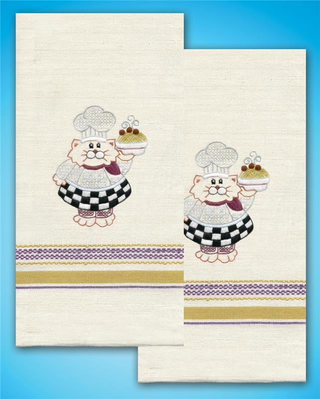 Tobin Cat Chef Kitchen Towels - Stamped Embroidery Kit - 123Stitch