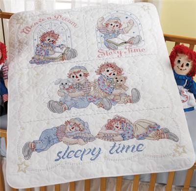 Raggedy Ann & Andy Baby Sleepy Time Crib Cover / Baby Quilt Cross Stitch Kit